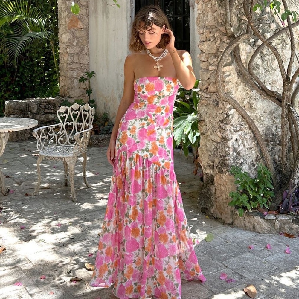 12th Tribe LaBelle Strapless Drop Waist Pink Floral Maxi Dress
